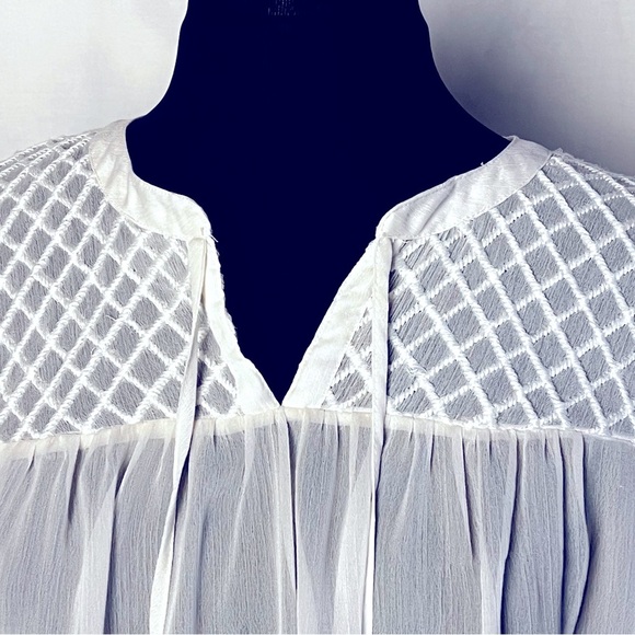 Lucky Brand | Sheer White Boho Embroidered Tassel Tie Peasant Blouse, Medium - Picture 4 of 5